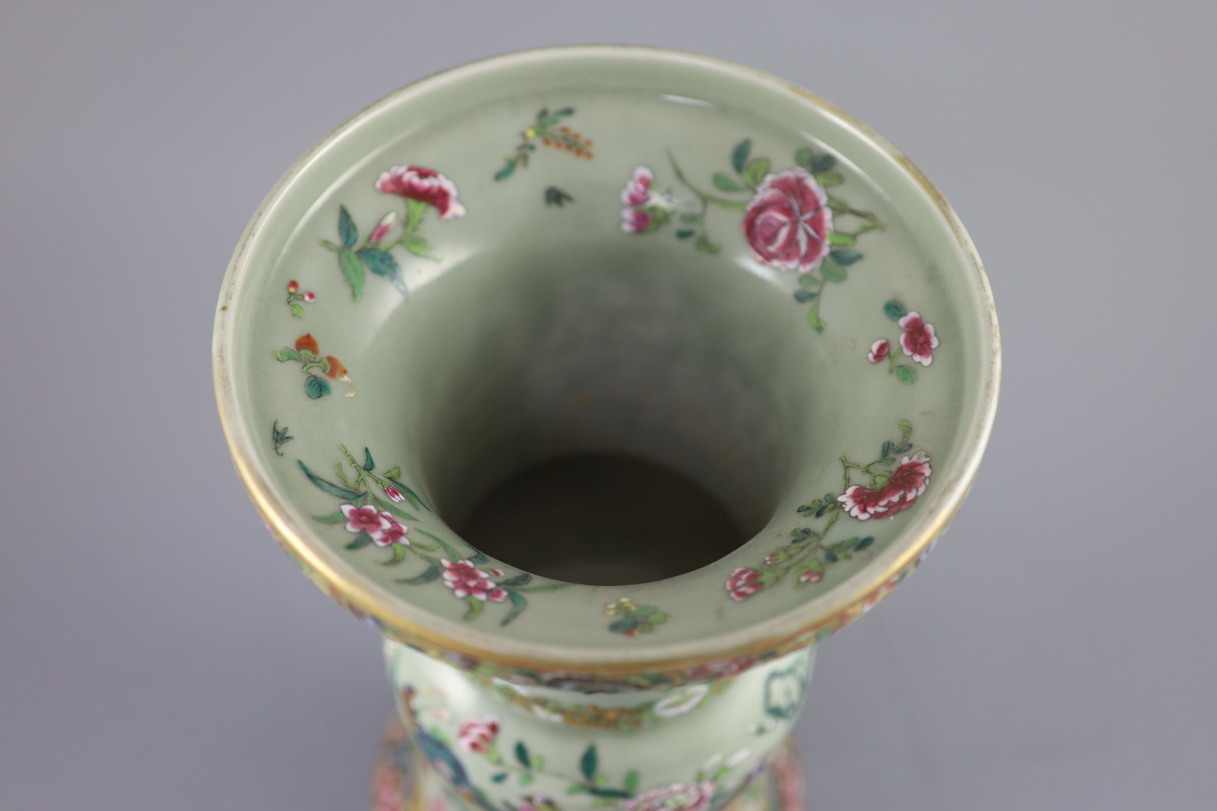 A Chinese Canton decorated celadon ground vase, zun, c.1830, 32.5cm high